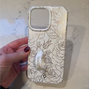 iPhone 15 Pro Max loopy case white/gold flower design